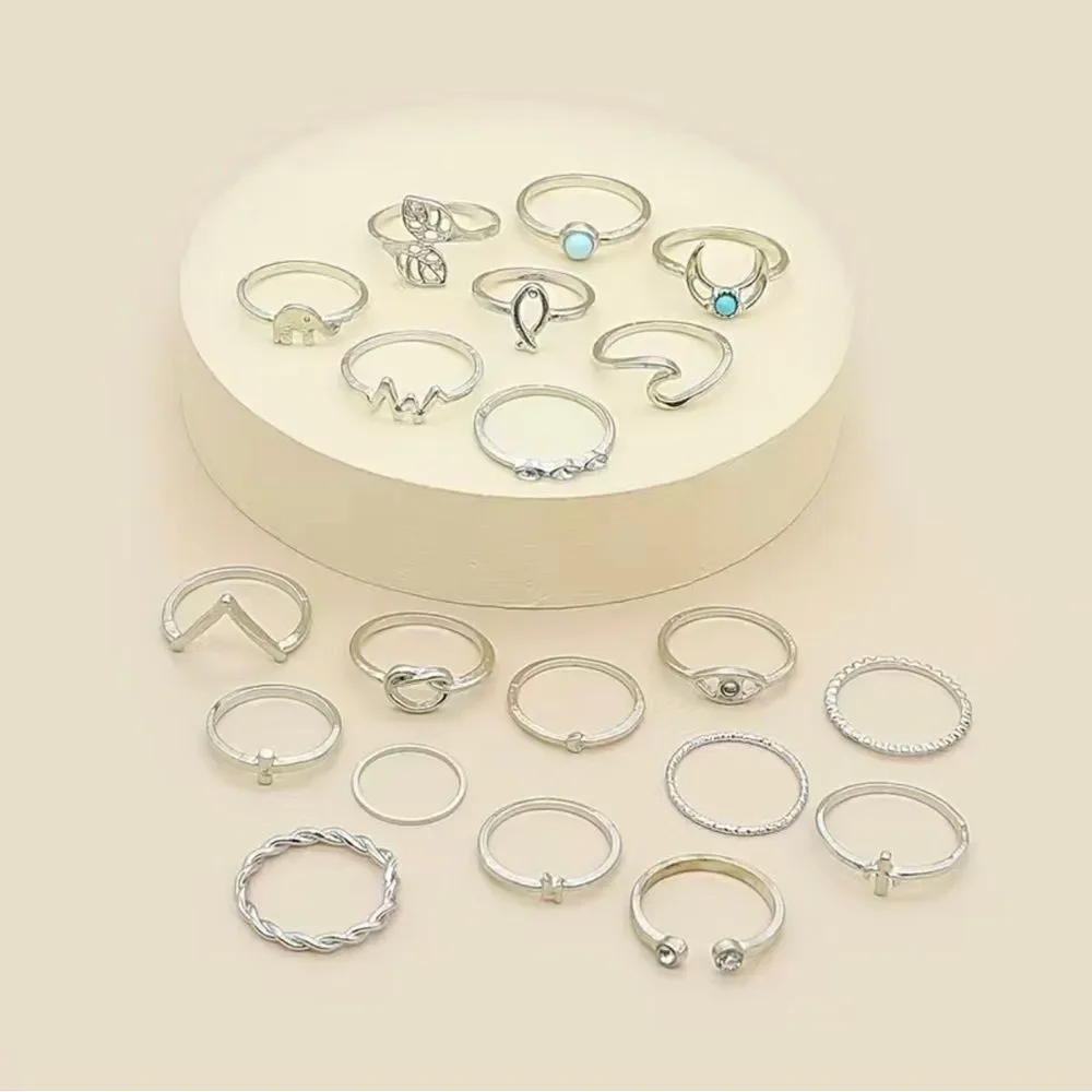 Sz 6-7, 20pc Boho stackable knuckle rings, moon jewelry, cross ring, bowknot